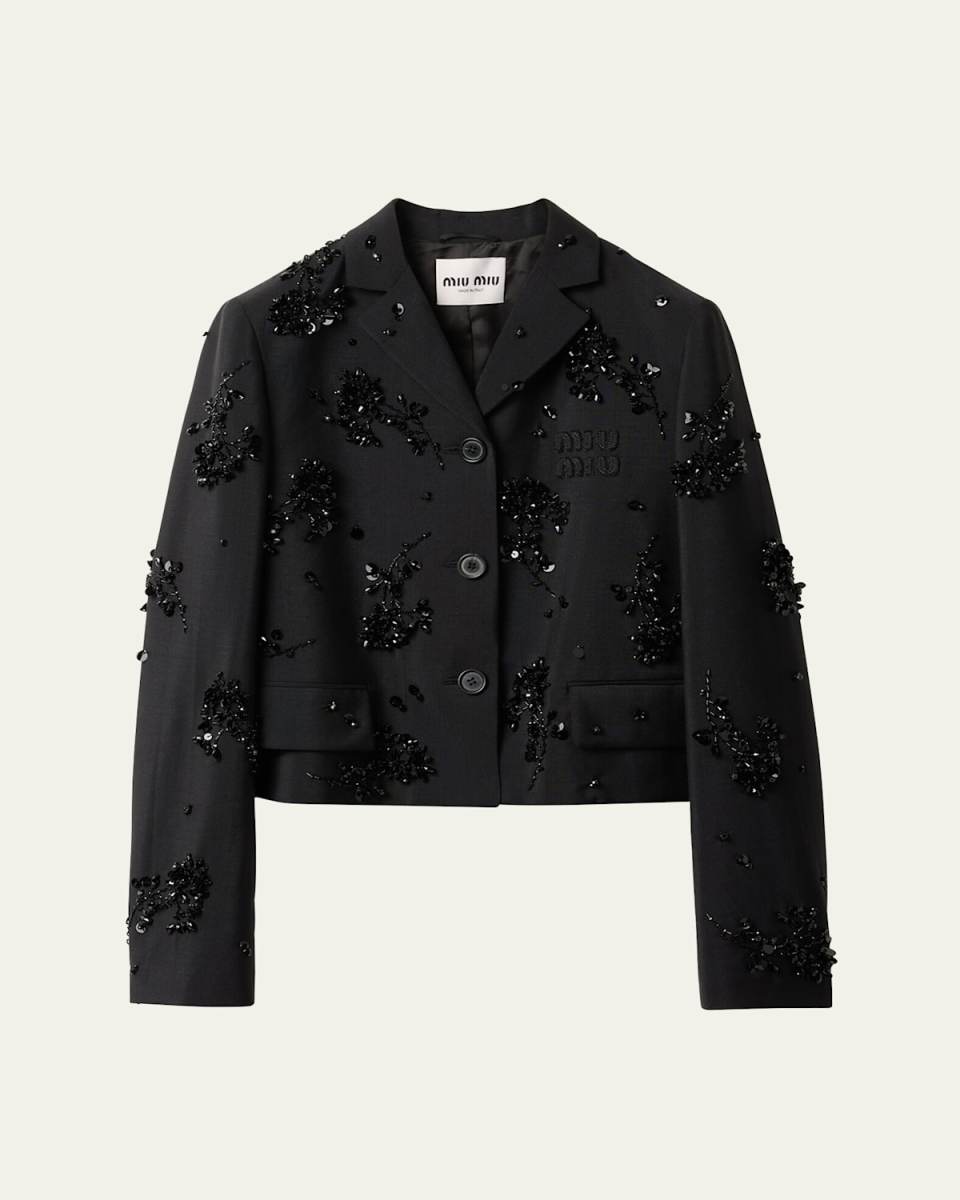 Tonal Floral Sequined Logo Mohair Wool Blazer